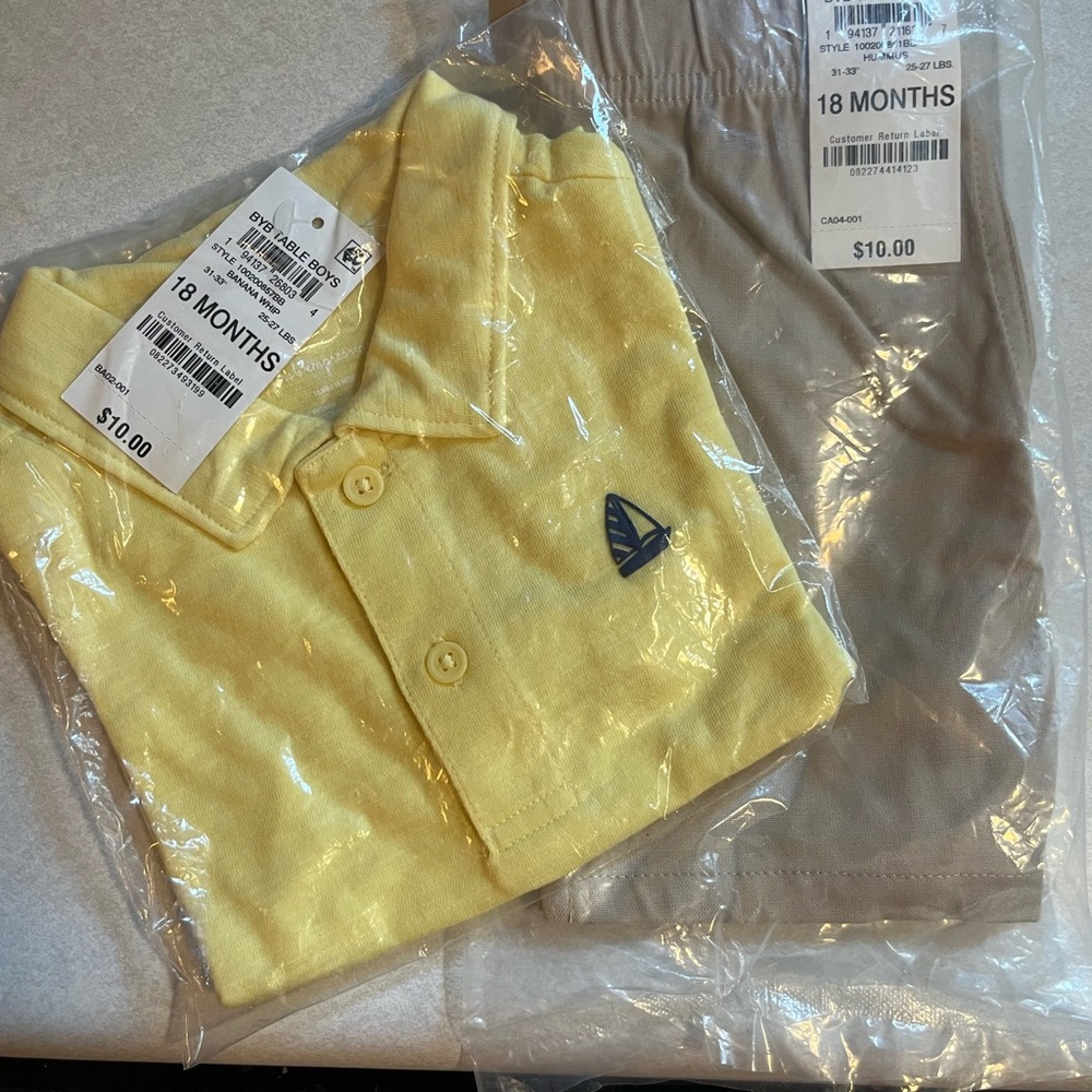 First Impressions Yellow Polo Shirt with Sailboat & Khaki Shorts 18m boys NWT